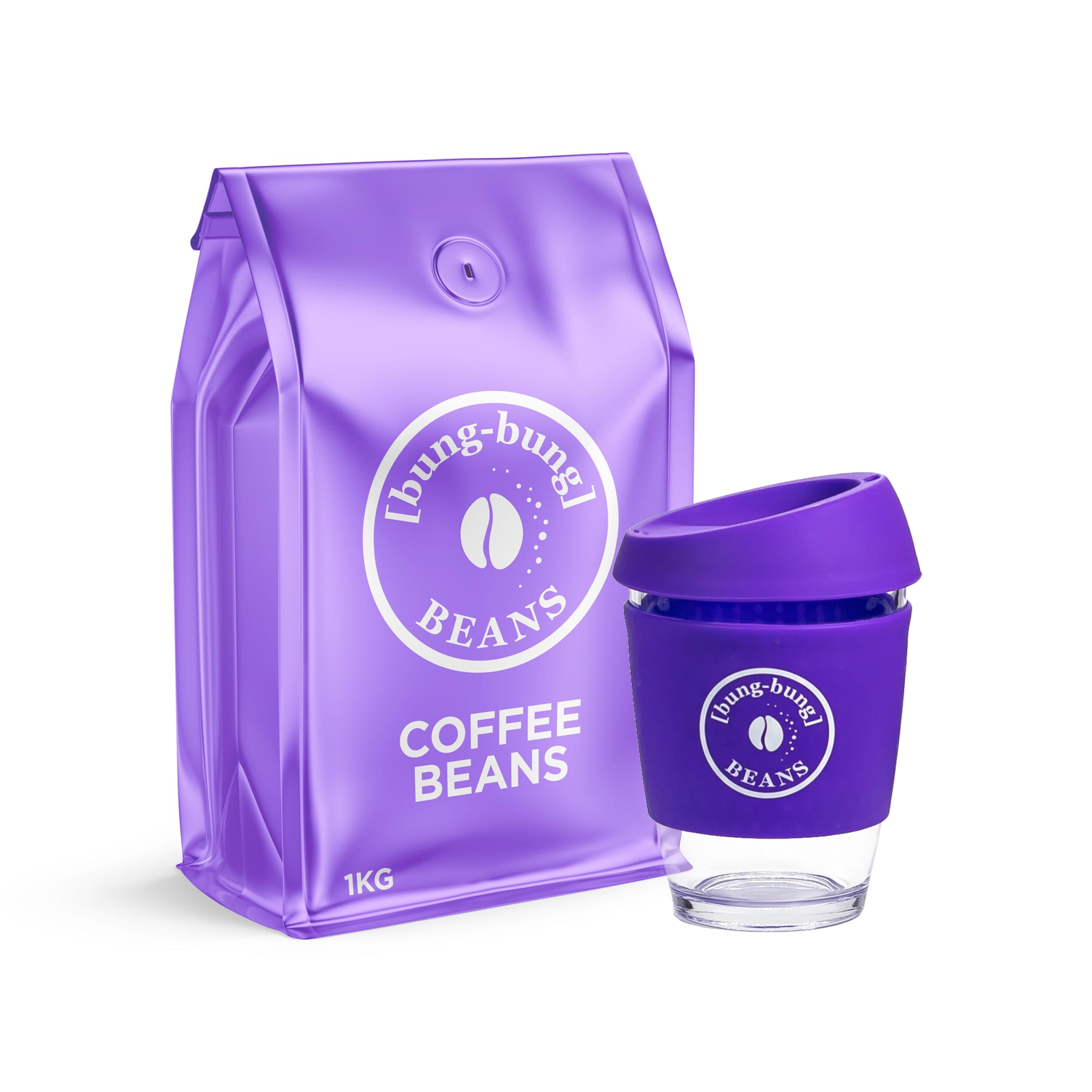 Fresh roasted Bung Bung coffee beans in bag, with reusable glass keep cup