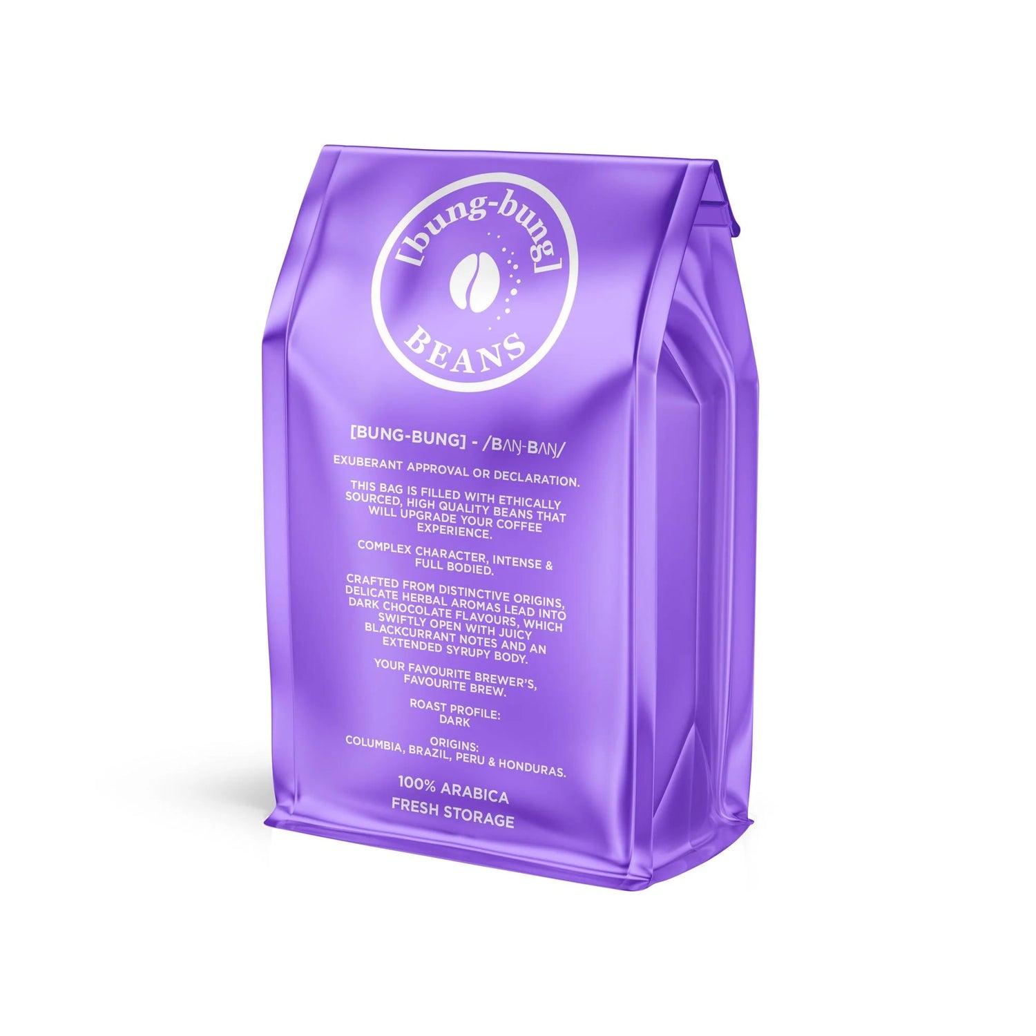 Fresh roasted Bung Bung coffee beans in bag - back of bag