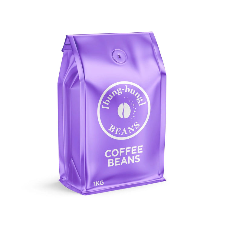 Fresh roasted Bung Bung coffee beans in bag - front of bag