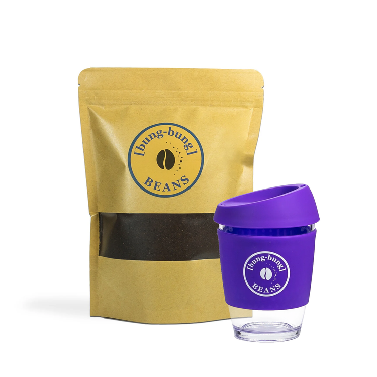 Fresh roasted Bung Bung ground coffee in bag, with reusable glass keep cup