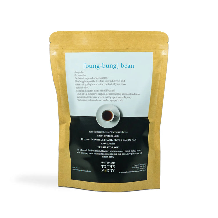 Fresh roasted Bung Bung ground coffee in bag - back of bag